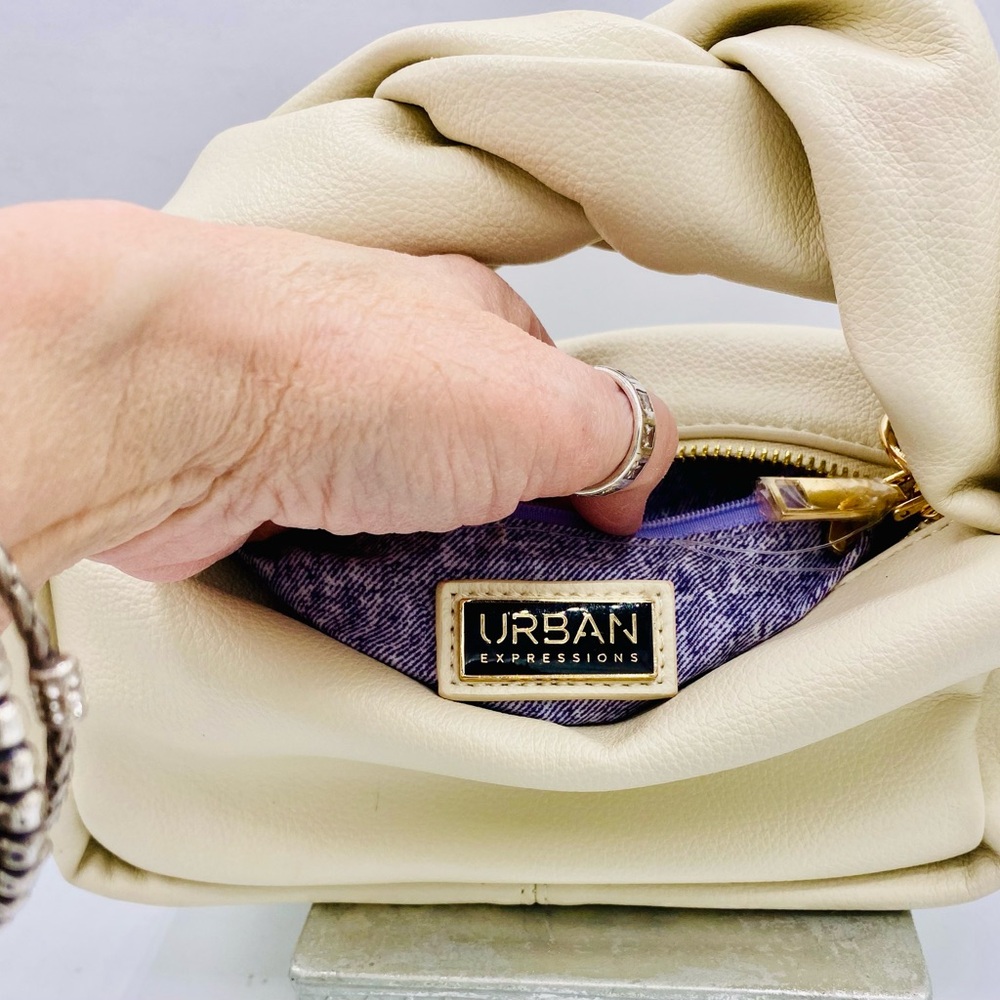 Urban Expressions Light Cream Color Clutch/Purse With Handle Very Unusual Design